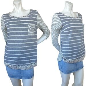 Anthropologie Blue & White Mixed Stripe Flower Trim Pocket 3/4 Sleeve Blouse Med